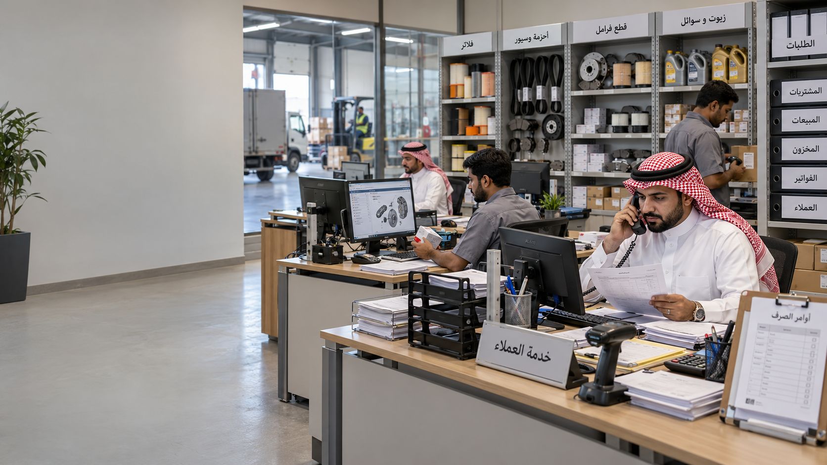 Commercial office of an automotive parts distributor in Saudi Arabia, with staff taking customer orders