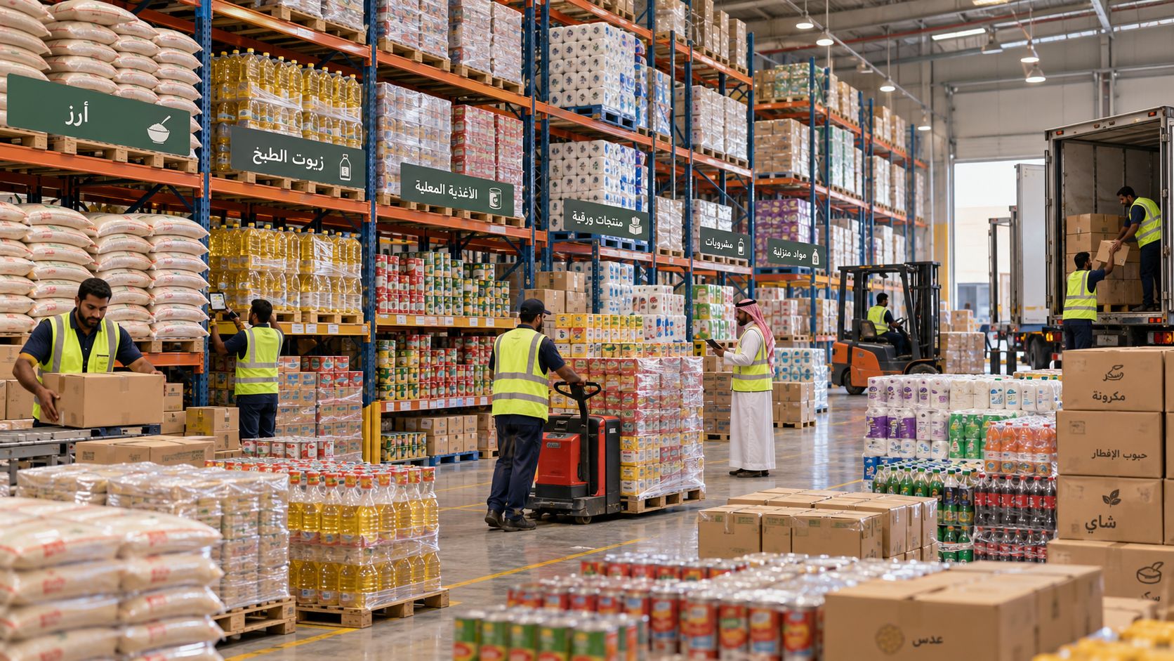 FMCG distribution warehouse in Saudi Arabia with racked rice, cooking oil and canned goods, and staff loading a delivery truck