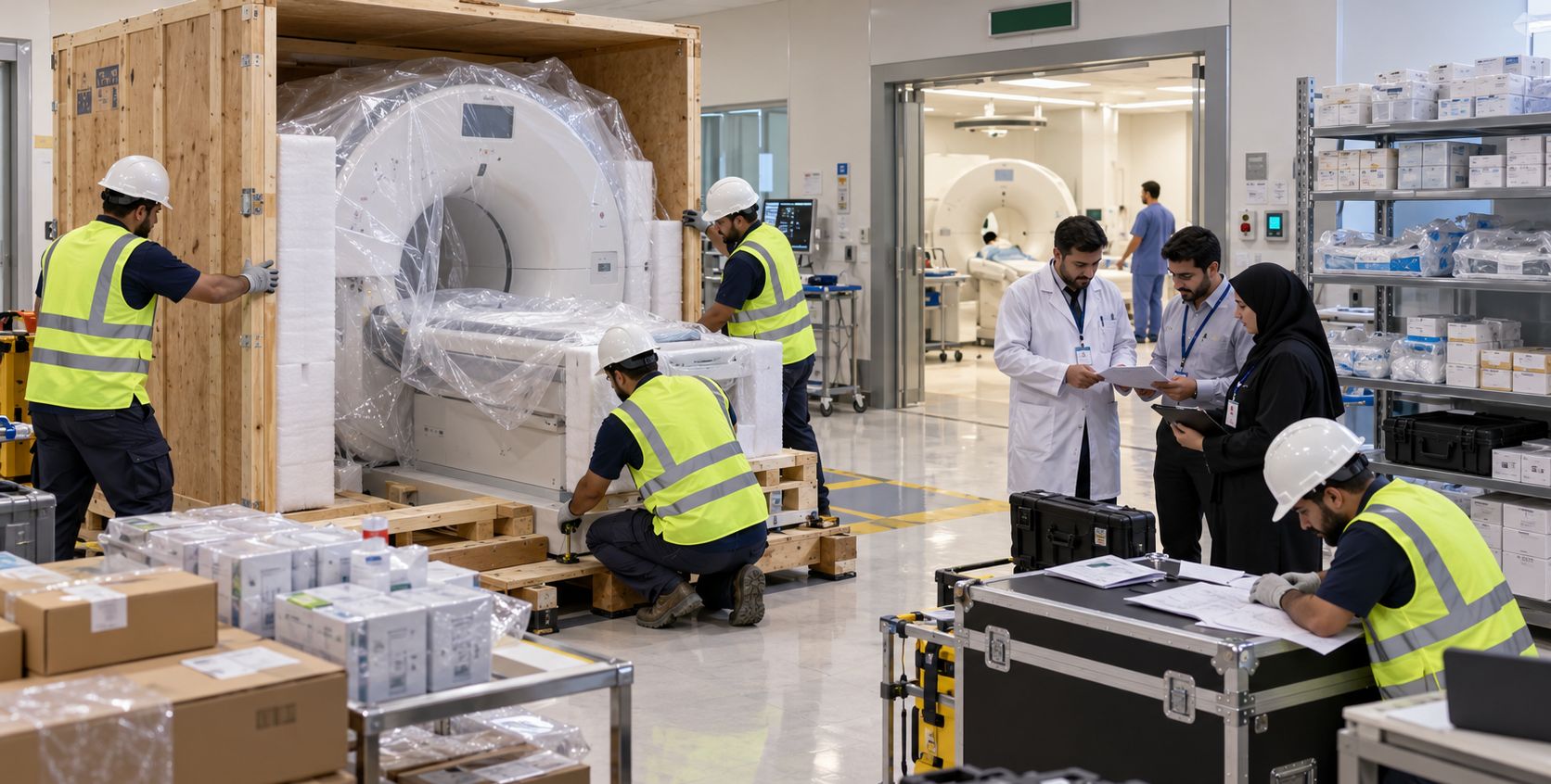 Engineers installing a CT scanner in a Saudi hospital while distributor and clinical staff review the installation paperwork